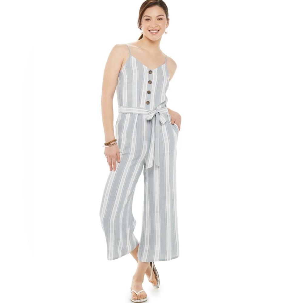 New Womens Blue White Striped Wide Leg Jumpsuit Preppy Size L Linen Look Pockets